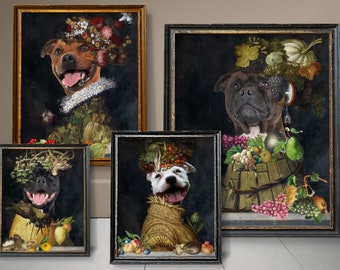 Four Seasons Staffordshire Bull Terrier Art, Staffy Dog Gifts, Winter, Spring, Summer, Autumn, Arcimboldo, Renaissance Dog Mom & Dad gifts