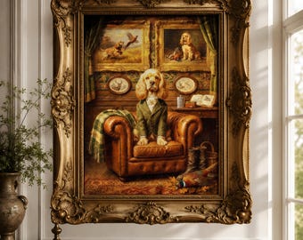 Lienzo con estampado vintage de Cocker Spaniel americano, decoración de biblioteca de estilo clásico, retrato de perro de una majestuosa mansión campestre.