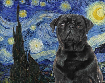 Black Pug Art CANVAS Starry Night Van Gogh Customized print Pug Gifts choose Wall Art Portrait   WFH Art Dog Mom & Dad gifts