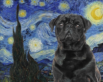Black Pug Starry Night Canvas Print: Van Gogh Style Dog Art