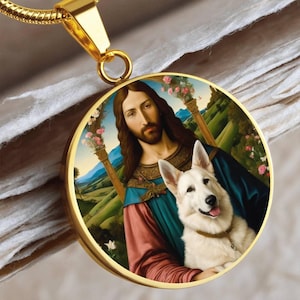 White German Shepherd Dog & Jesus Christ Pendant - Custom Engraved Dog Memorial Jewelry