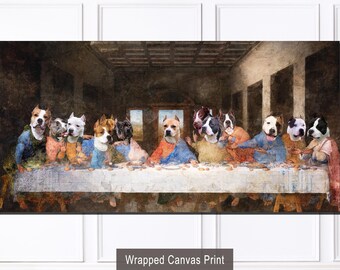Impresión en lienzo de perro AmStaff: parodia de la Última Cena del Renacimiento, retrato personalizado de mascota