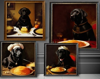 Black Labrador Retriever Art Spaghetti Lovers, Renaissance Lab Dog Artwork, set of 4 Gallery Canvas Wrap Print, Dog Mom & Dad gifts