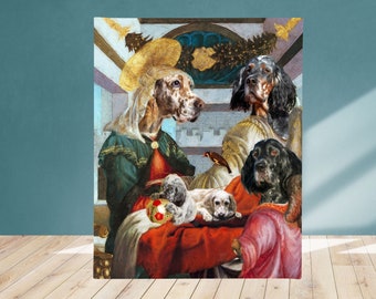 English Setter Madonna and Puppy with Angels Art Print, Sandro Botticelli Altered Home Decor, Renaissance Nobility Dogs Mom & Dad gifts