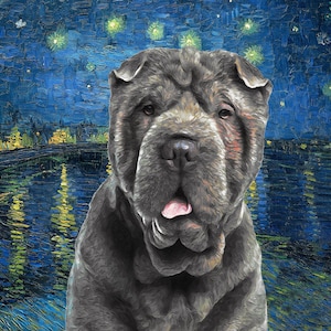 Shar Pei Art CANVAS Starry Night over the Rhone Van Gogh Customized print Chinese Blue Shar Pei Personalized Dog Portrait Mom & Dad gifts