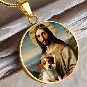 Jack Russell Terrier Parson Russell Terrier Dog Necklace, Dog and Jesus Christ, Renaissance Dog Pendant, Engraving Option, Custom Dog Memori