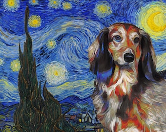 Long-haired Dachshund Starry Night Art CANVAS Van Gogh Doxie Wiener Dog Print and Mug Personalized Dog Portrait Mom & Dad gifts