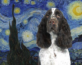 English Springer Spaniel Starry night Art CANVAS Customized print Springer Spaniel Personalized Dog Portrait Mom & Dad gifts