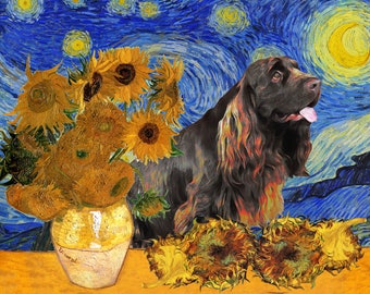 Sussex Spaniel Art Starry Night Sunflowers Van Gogh CANVAS Wrap Wall Art Print Dog Mom & Dad gifts by Nobility Dogs