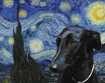 Spanish Black Greyhound The starry night Art CANVAS Van Gogh Customized Galgo Espanol Print and Mug Portrait Mom & Dad gifts