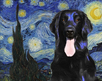 Personalized Flat-Coated Retriever Art CANVAS Starry Night Customized print Flattie Portrait Dog Mom & Dad gifts