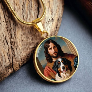 Bernese Mountain Dog and Jesus Christ Necklace, Renaissance Berner Dog Pendant with Engraving Option, Renaissance Dog, Custom Dog Jewelr