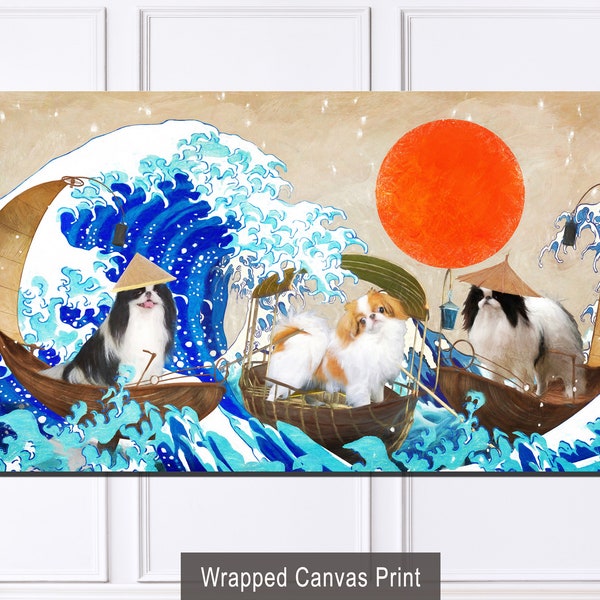 Japanese Chin Dog Art Canvas Print - Great Wave Kanagawa Gallery Wrap Ukiyo-e Masterpiece Portrait for Dog Mom Dad Gifts