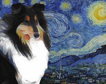 Rough Collie Art CANVAS Starry Night Van Gogh Customized print Rough Collie Personalized Dog Portrait Mom & Dad gifts