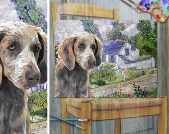 Langhaariger Weimaraner Kunst CANVAS Häuser bei Auvers Van Gogh Kundenspezifische Weimaraner Druck und Tasse Personalisierte Hundeporträt Mama & Papa Geschenke