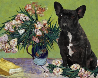 Brindle French Bulldog Frenchie Vase with Oleanders Art Van Gogh CANVAS Customized print, Frenchie Dog Mom & Dad Personalized Gifts Wall Art