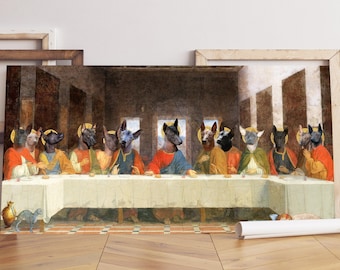 Arte en lienzo de la Última Cena de Xoloitzcuintli: Retrato de perro renacentista, retrato de mascota personalizado