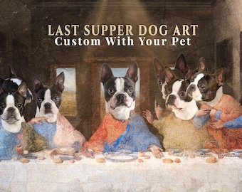 Divertido dibujo de la Última Cena de un perro Boston Terrier, decoración original, retrato personalizado de perro a partir de una foto, lámina con meme de perro.