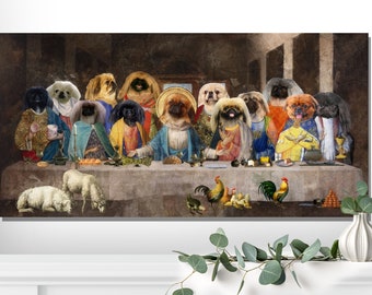 Pekingese Dog Last Supper Altered Artwork Canvas, Renaissance Dog Masterpiece Famous Print, Nobility Dogs Mom & Dad gifts