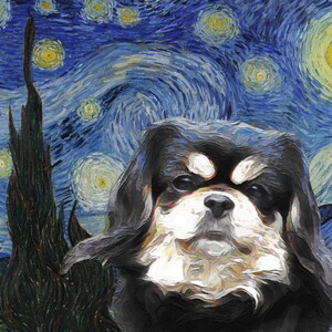 Tibetan Spaniel Art Canvas - Starry Night Van Gogh Print and Personalized Mug - Custom Tibbie Dog Portrait for Mom  Dad Gifts