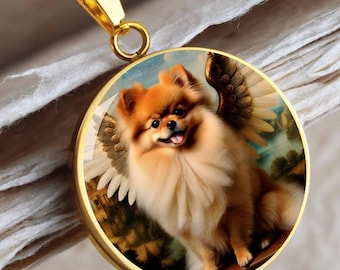 May include: A gold necklace with a round pendant featuring a fluffy orange Pomeranian dog with angel wings. The dog is sitting on a painted background with a castle in the distance.