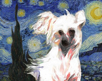 Chinese Crested Dog Art: Van Gogh Starry Night Style Canvas Print