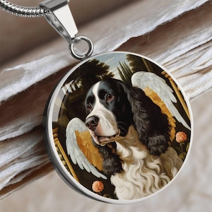 Black & White English Springer Spaniel Angel Necklace – Renaissance-Style Memorial Pendant
