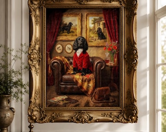 Cuadro al óleo estilo Cocker Spaniel inglés antiguo sobre lienzo, arte mural tradicional, retrato de perro de caza clásico.