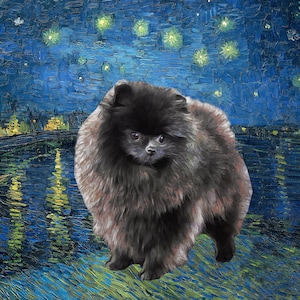 Black Pomeranian Art CANVAS Starry Night Van Gogh Customized Pom Dog Print and Mug Personalized Dog Portrait Mom & Dad gifts