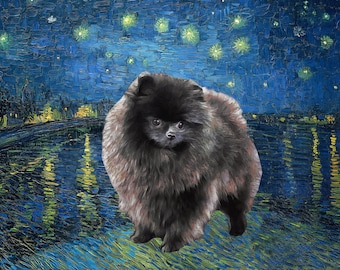 Black Pomeranian Art CANVAS Starry Night Van Gogh Customized Pom Dog Print and Mug Personalized Dog Portrait Mom & Dad gifts