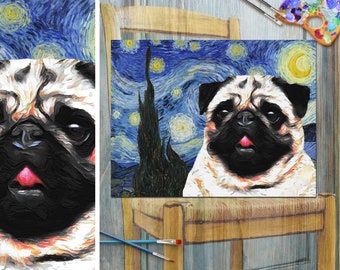 Pug Art CANVAS Starry Night Van Gogh Customized print Fawn Pug Gifts choose Wall Art Portrait   WFH Art Dog Mom & Dad gifts