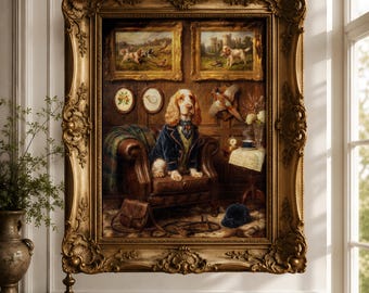 Pintura al óleo personalizada de un Cocker Spaniel inglés, retrato de mascota de una finca rural sobre lienzo, arte canino de estilo vintage.