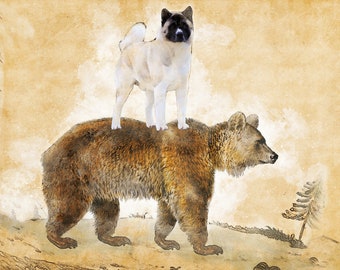 American Akita and Grizzly Bear Riding Vintage Canvas Print - Personalized Dog Mom and Dad Gift