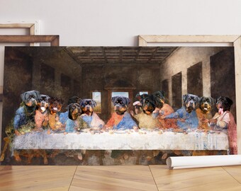 Rottweiler Last Supper Art: Renaissance Dog Canvas Gallery Wrap, Personalized Pet Portrait