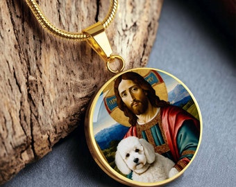 Bichon Frise and Jesus Christ Necklace, Dog Pendant with Engraving Option, Renaissance Dog Gifts, Custom Dog Jewelry