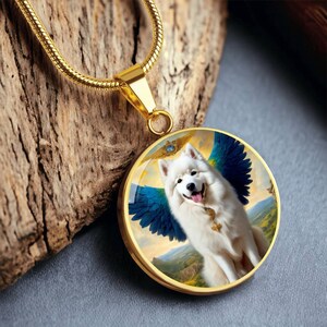 Samoyed Angel Necklace, Samoyed Dog Pendant with Engraving Option, Renaissance Dog Gifts, Custom Dog Memorial Jewelry
