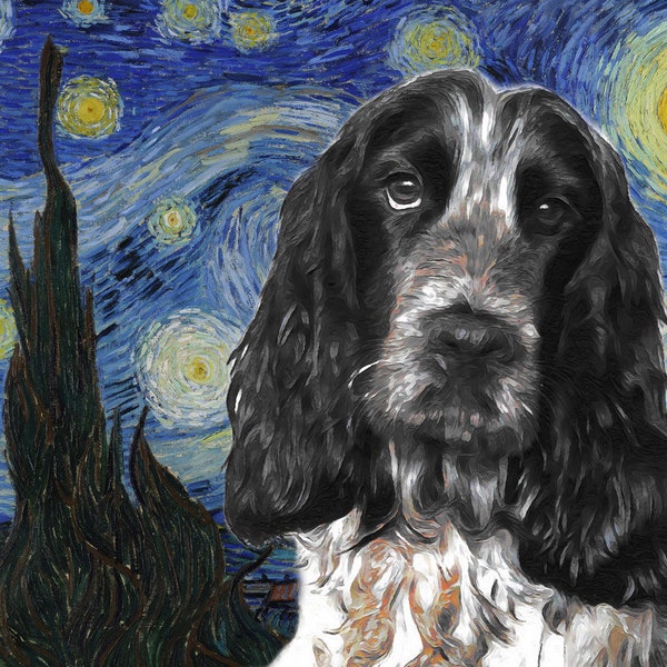 Blue Roan Cocker Spaniel Starry night Art CANVAS Van Gogh Customized print English Cocker Spaniel Personalized Dog Portrait Mom & Dad gifts