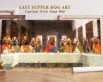 Arte en lienzo de la Última Cena de un Terrier Australiano: Retrato de perro renacentista, retrato de mascota personalizado