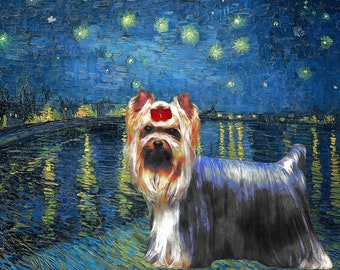 Customized Van Gogh Starry Night Yorkshire Terrier Canvas Print  Mug  Yorkie Gift for Dog Lovers