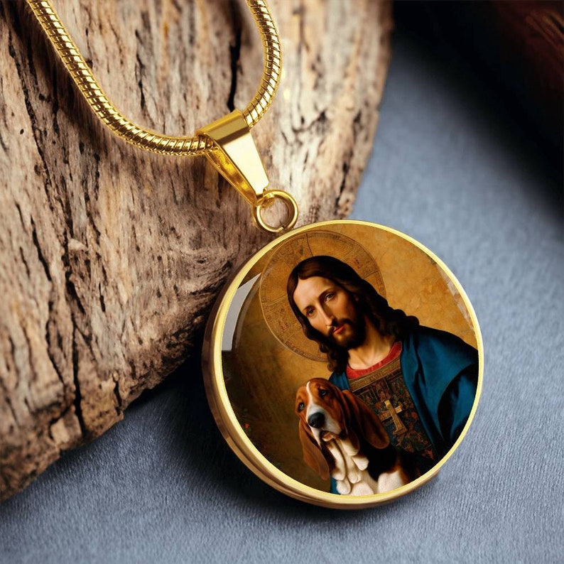 Basset Hound and Jesus Christ Necklace, Dog Pendant, Engrave Option, Custom Renaissance Dog, Personalized Memorial Jewelry image 4