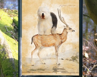 Old English Sheepdog OES dog riding Deer Art Vintage CANVAS Print Ad (CANVAS Print, Fine Art Print, Mug, Pillow, Tote Bag) Mom & Dad gifts