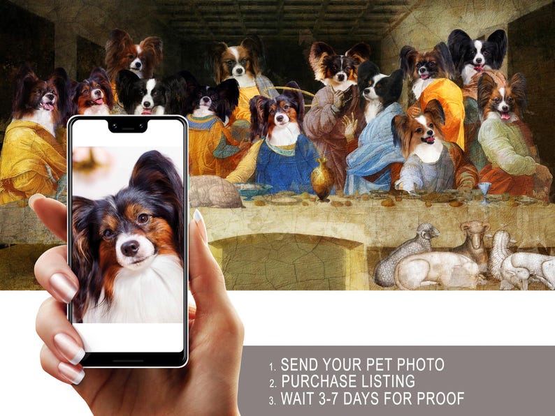A hand holding a smartphone displaying a close-up of a dog's face, with a painting of dogs in the background.