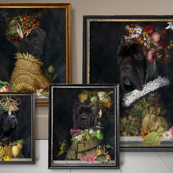 Schwarzer Cane Corso Vier Jahreszeiten Kunst, italienischer Mastiff Hund Geschenke, Winter, Frühling, Sommer, Herbst, Arcimboldo, Renaissance Hund Mama & Papa Geschenke