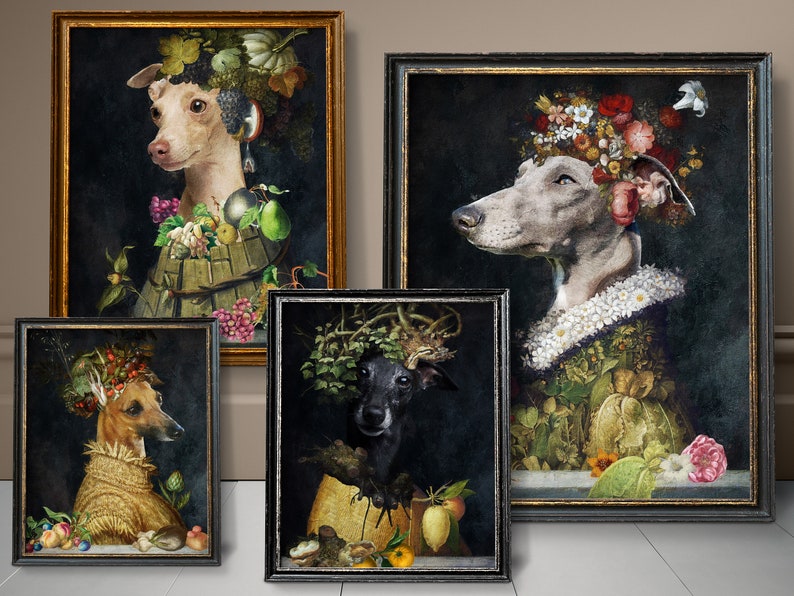 Italienischer Windhund Geschenke, Iggy Hund Kunst, Winter, Frühling, Sommer, Herbst, vier Jahreszeiten Arcimboldo, Renaissance Hund Mama & Papa Geschenke Bild 1