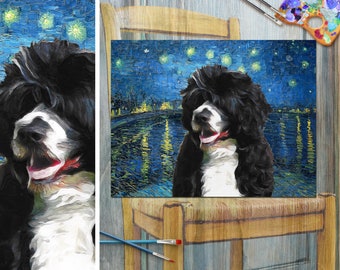 Portuguese Water Dog Starry night Over the Rhone Art CANVAS Van Gogh Customized Portie Print and Mug Personalized Dog Mom & Dad gifts