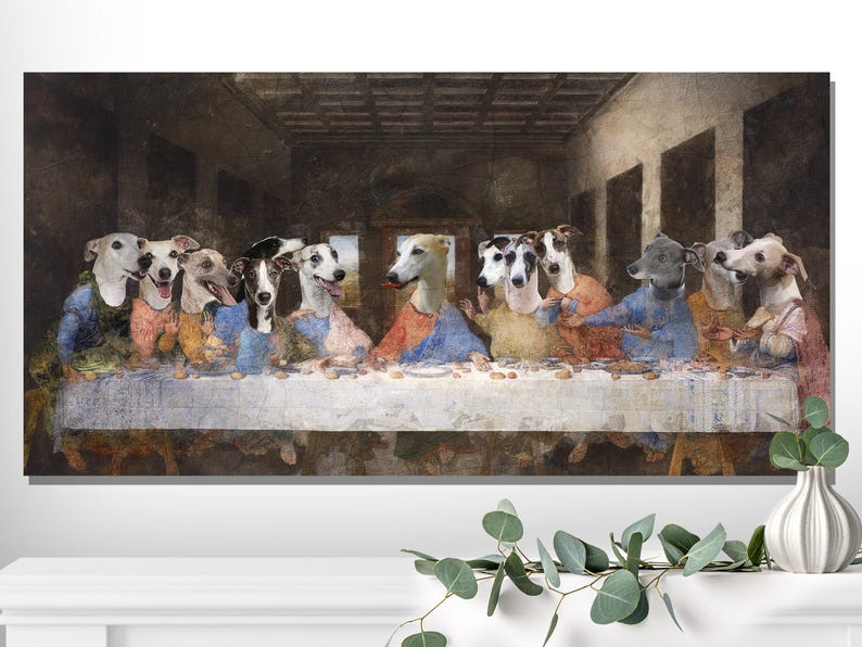 Retrato real personalizado de perro Whippet de la Última Cena, Retratos de perros reales, Retrato real personalizado de mascota, Arte canino regio imagen 7