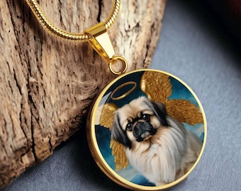 Pekingese Angel Dog Necklace: Engraved Pet Memorial Jewelry