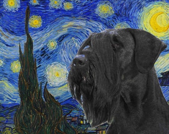 Giant Schnauzer Starry night Art CANVAS Van Gogh Customized print Black Schnauzer Natural Ears Personalized Dog Portrait Mom & Dad gifts