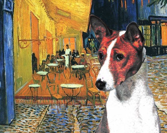 Red Basenji Art CANVAS Print, Cafe terrace at night Van Gogh Dog Portrait, Nobility Dogs Mom & Dad gifts