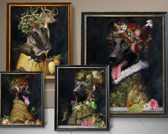 Four Seasons Belgian Malinois Art, Malinois Dog Gifts, Winter, Spring, Summer, Autumn, Arcimboldo, Renaissance Dog Mom & Dad gifts